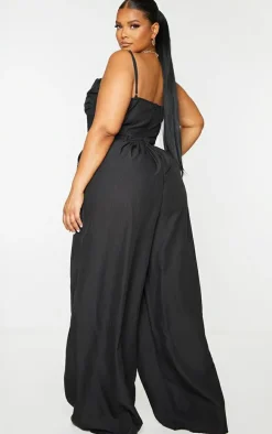 Plus Black Ruched Cup Strappy Wide Leg Jumpsuit