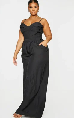 Plus Black Ruched Cup Strappy Wide Leg Jumpsuit