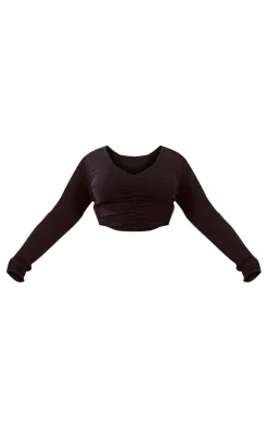 Plus Black Ruched Front Long Sleeve Top