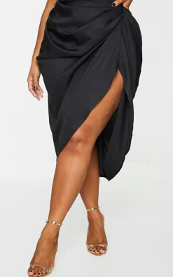 Plus Black Ruched Side Midi Skirt