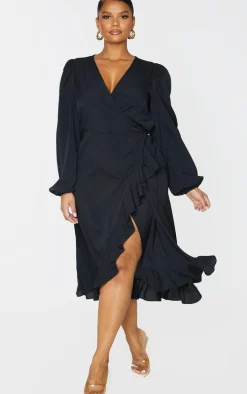 Plus Black Ruffle Wrap Front Midi Dress