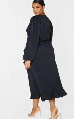 Plus Black Ruffle Wrap Front Midi Dress
