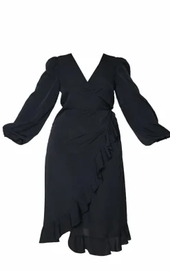Plus Black Ruffle Wrap Front Midi Dress