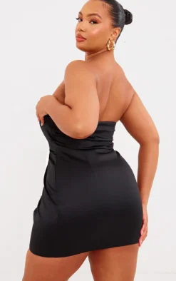 Plus Black Satin Bandeau Cup Detail Mini Dress