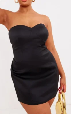 Plus Black Satin Bandeau Cup Detail Mini Dress