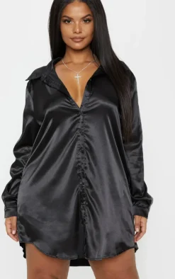 Plus Black Satin Button Front Shirt Dress