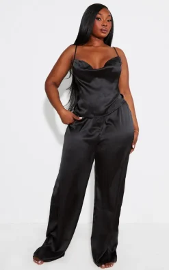Plus Black Satin Cowl Neck Cami and Button Pant PJ Set