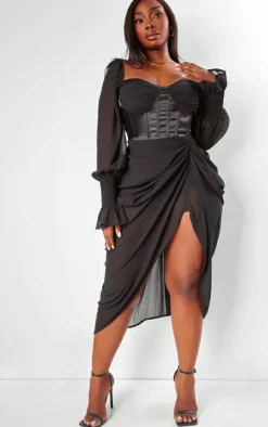Plus Black Satin Insert Draped Chiffon Midi Dress