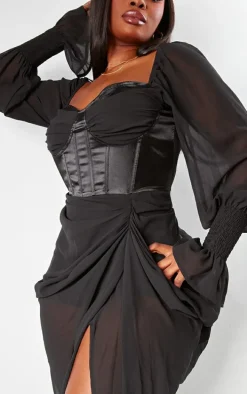 Plus Black Satin Insert Draped Chiffon Midi Dress