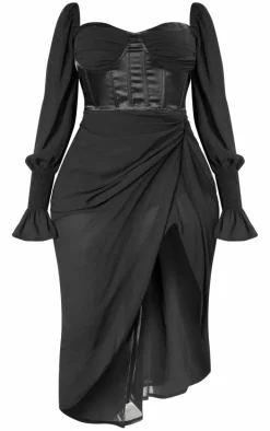 Plus Black Satin Insert Draped Chiffon Midi Dress