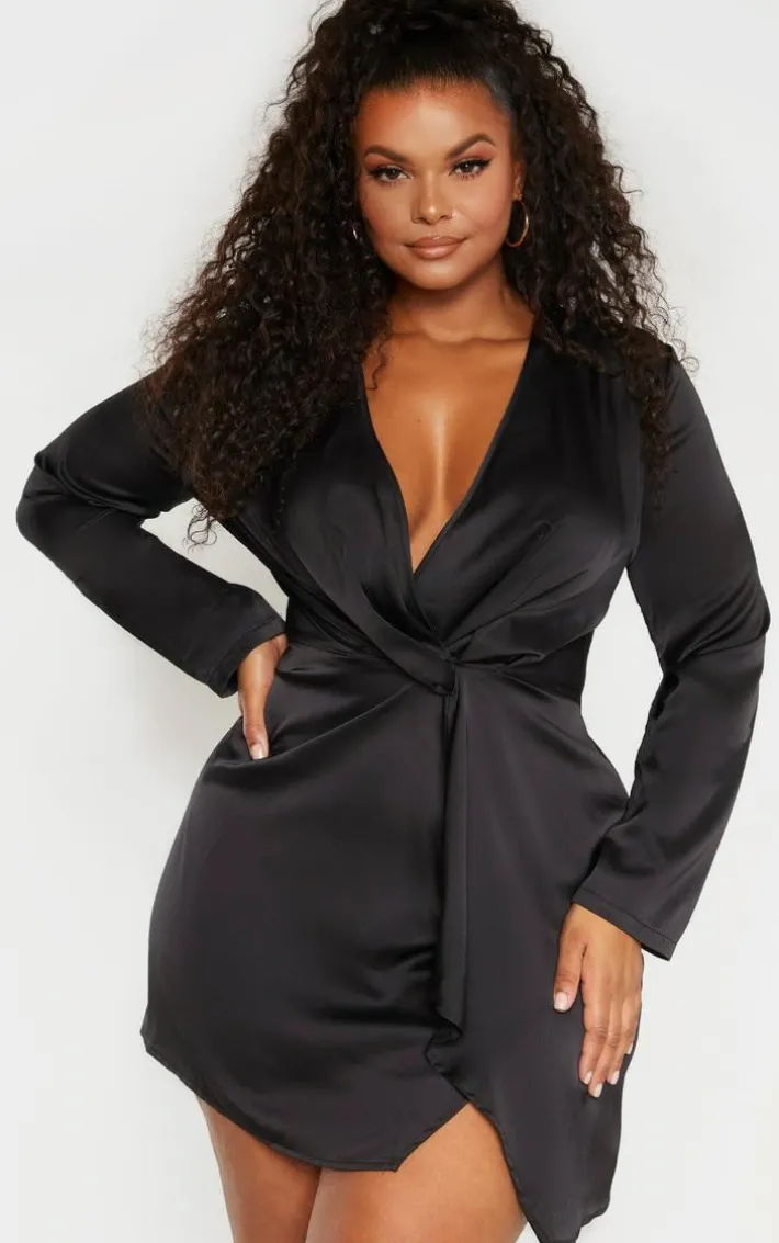 Plus Black Satin Long Sleeve Wrap Dress