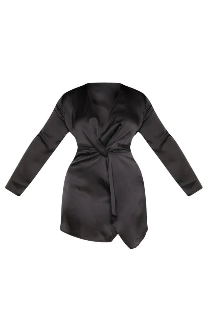 Plus Black Satin Long Sleeve Wrap Dress