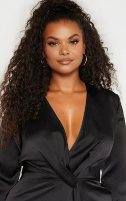 Plus Black Satin Long Sleeve Wrap Dress