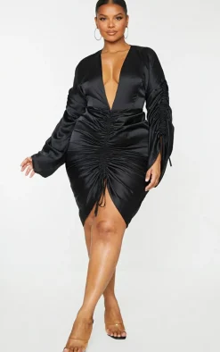 Plus Black Satin Plunge Ruched Front Dress