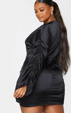 Plus Black Satin Plunge Ruched Front Dress