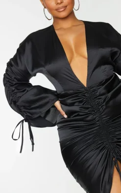 Plus Black Satin Plunge Ruched Front Dress