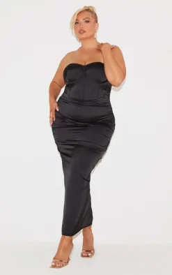 Plus Black Satin Ruched Cupped Maxi Dress