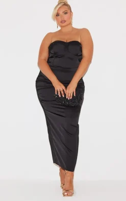 Plus Black Satin Ruched Cupped Maxi Dress