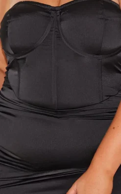 Plus Black Satin Ruched Cupped Maxi Dress