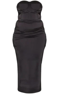 Plus Black Satin Ruched Cupped Maxi Dress