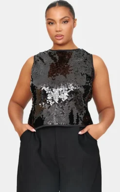 Plus Black Sequin Sleeveless Long Top