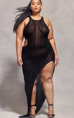 Plus Black Sheer Knit Cut Out Racer Neck Maxi Dress