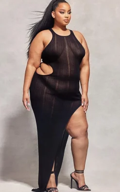 Plus Black Sheer Knit Cut Out Racer Neck Maxi Dress