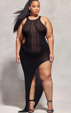 Plus Black Sheer Knit Cut Out Racer Neck Maxi Dress