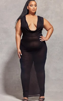 Plus Black Sheer Knitted Cowl Hooded Maxi Dress
