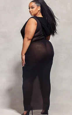 Plus Black Sheer Knitted Cowl Hooded Maxi Dress