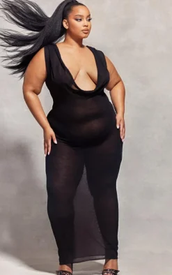 Plus Black Sheer Knitted Cowl Hooded Maxi Dress