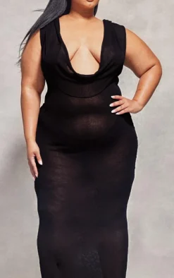 Plus Black Sheer Knitted Cowl Hooded Maxi Dress