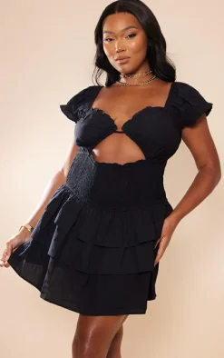 Plus Black Shirred Waist Cut Out Shift Dress