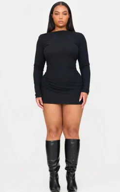 Plus Black Slash Neck Long Sleeve Ribbed Mini Dress