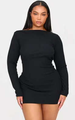 Plus Black Slash Neck Long Sleeve Ribbed Mini Dress