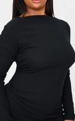 Plus Black Slash Neck Long Sleeve Ribbed Mini Dress