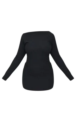 Plus Black Slash Neck Long Sleeve Ribbed Mini Dress