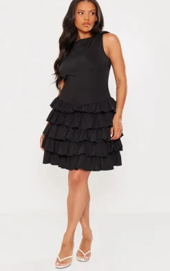 Plus Black Slinky Frill Hem Micro Mini Dress