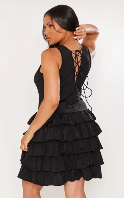 Plus Black Slinky Frill Hem Micro Mini Dress