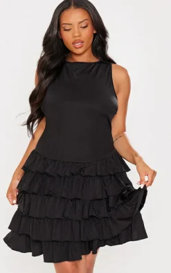 Plus Black Slinky Frill Hem Micro Mini Dress