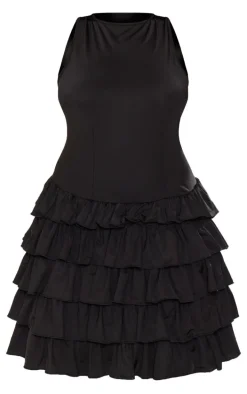 Plus Black Slinky Frill Hem Micro Mini Dress