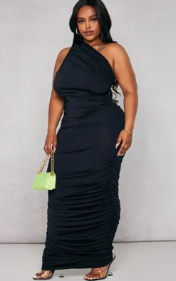 Plus Black Slinky Ruched One Shoulder Longline Maxi Dress