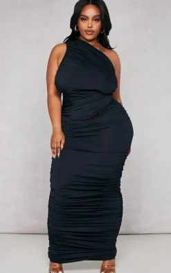 Plus Black Slinky Ruched One Shoulder Longline Maxi Dress