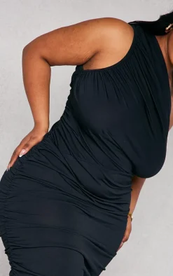 Plus Black Slinky Ruched One Shoulder Longline Maxi Dress