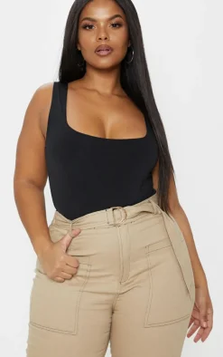 Plus Black Slinky Square Neck Thong Bodysuit