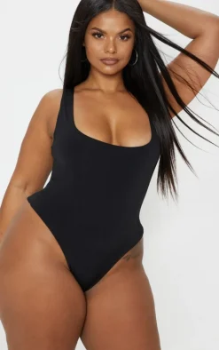 Plus Black Slinky Square Neck Thong Bodysuit