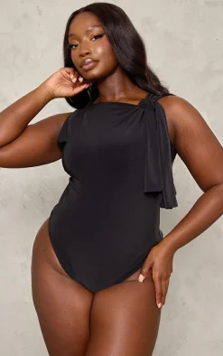 Plus Black Slinky Tie Shoulder Bodysuit
