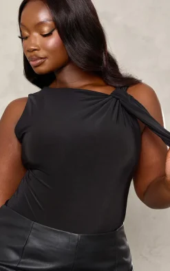 Plus Black Slinky Tie Shoulder Bodysuit