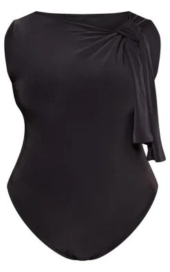 Plus Black Slinky Tie Shoulder Bodysuit