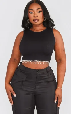 Plus Black Snatched Rib Diamante Hem Top